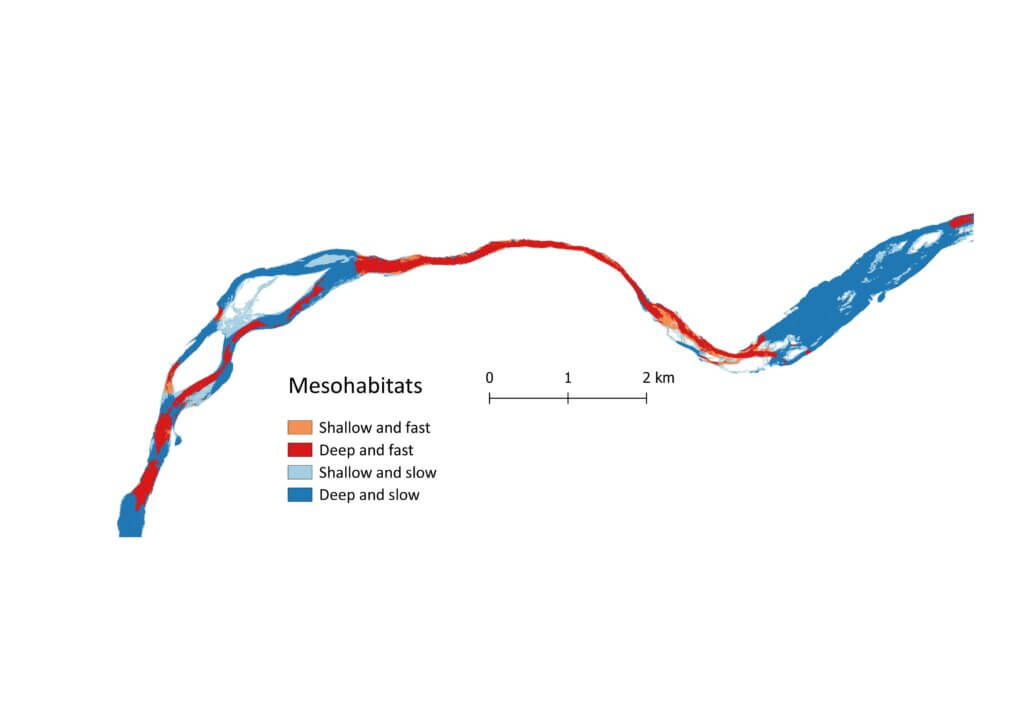 A preliminary draft of the mesohabitat map in our study. The map shows a small section of our research area in Tana River.