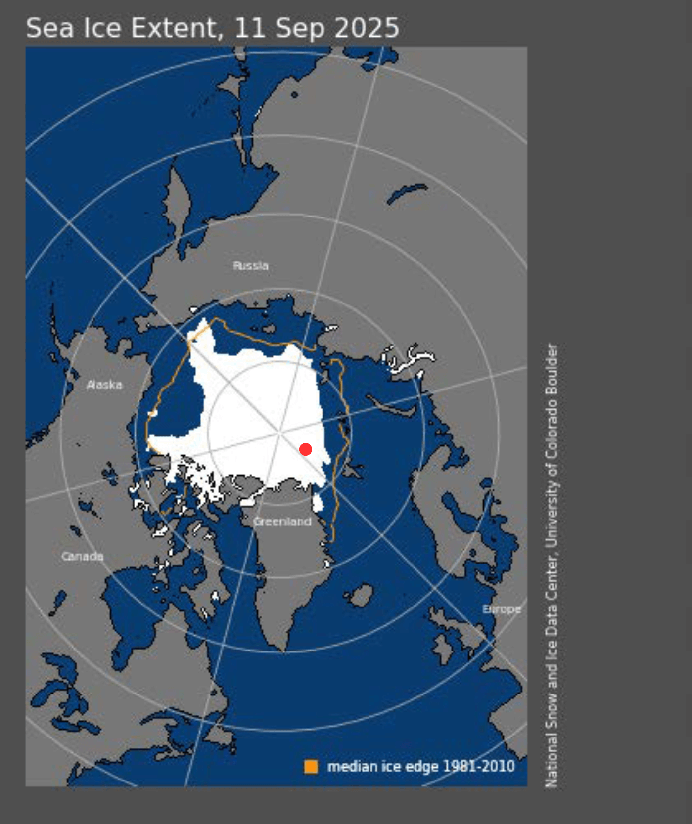 Sea ice extent on September 11, 2025. Red dot is Oden’s locaDon on this date.
