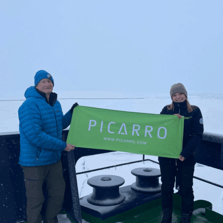 Jeff, Femke, and the Picarro instrument Neptune at the North Pole