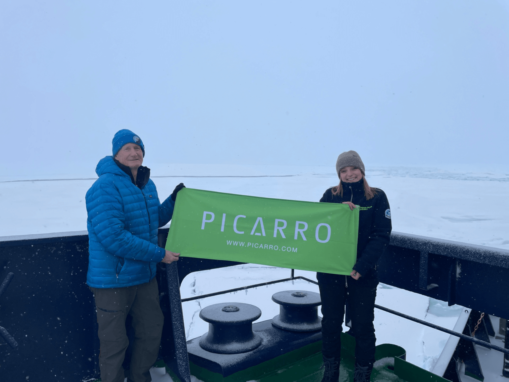 Jeff, Femke, and the Picarro instrument Neptune at the North Pole